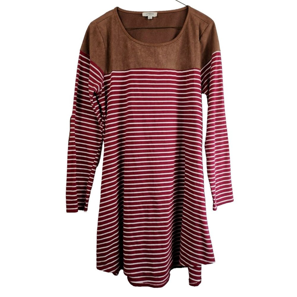 Umgee Womens BOHO Mini Dress Medium Red White‎ Striped Elbow Patch Long Sleeve